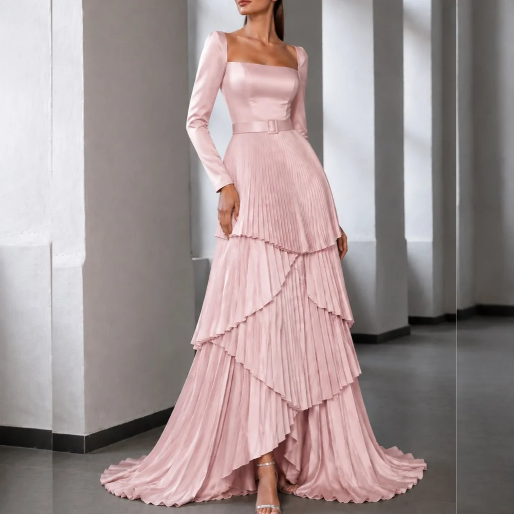 Maßgeschneidertes Abendkleid mit eckigem Ausschnitt und Schärpe, A-Linien-Faltenkleid, langes Kleid, Promi-Kleider, elegantes Hochzeits- und Partykleid