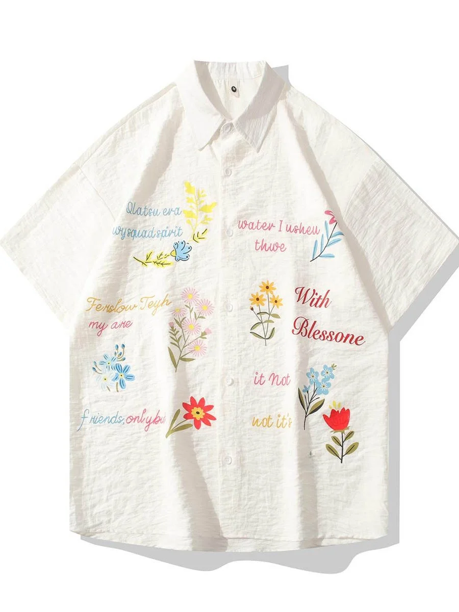 

Summer 2025 Loose Casual Floral Embroidery ort Sve irt Men's Sle Stand Fit Wfle Texture Faionable Lazy irt