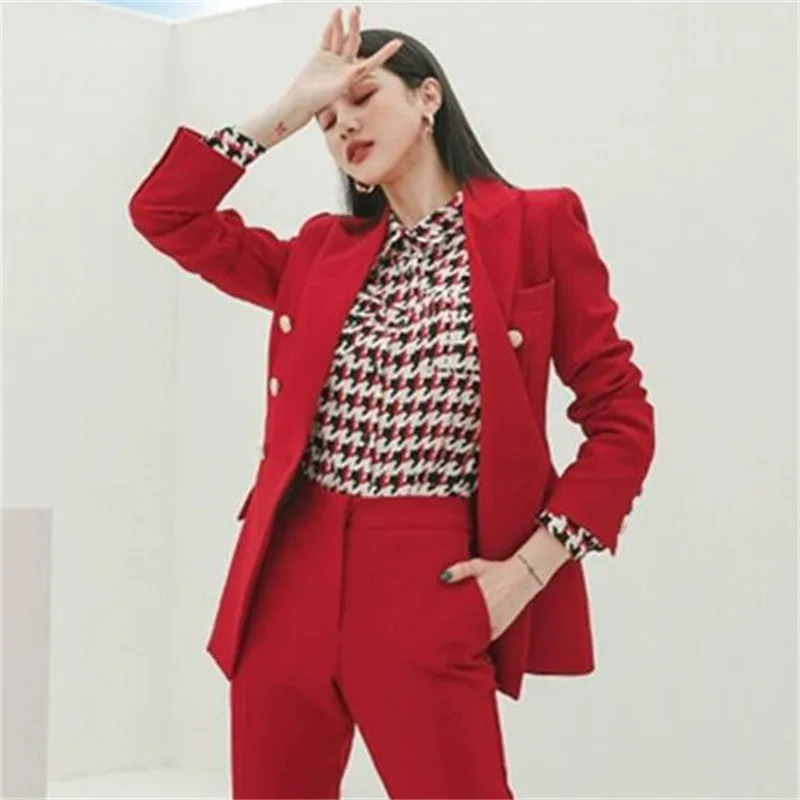 

Red Suit Set Women Casual Host Professional Fashion Goddess Style Spring Thin Polyester Crease Crafted Business Wear