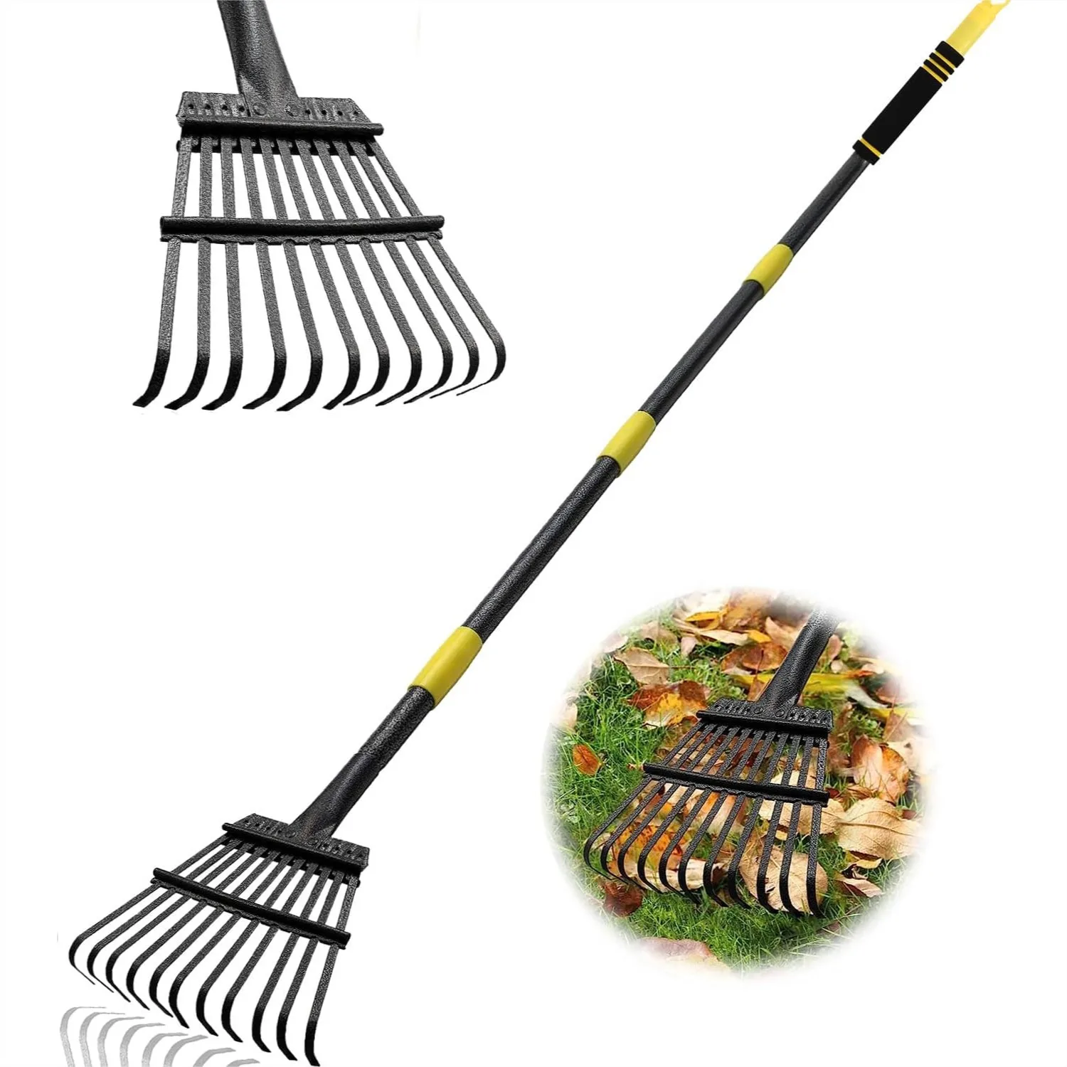

6FT Garden Leaf Rake, Heavy Duty 11 Metal Tines 9 Inch Wide, Adjustable Long Steel Handle, Small Shrub Rake for Lawns
