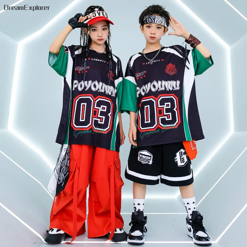 Boys Hip Hop Contrast T-shirt Street Dance Shorts Girls Loose Red Cargo Pants Child Streetwear Kids Jazz Costumes Clothes Sets