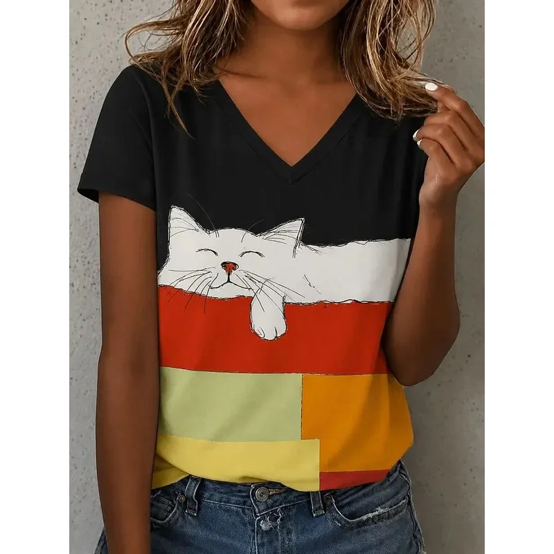 Women's V-neck T-shirt with 3D print for spring/summer, pink with color blocks, minimalist cat design.