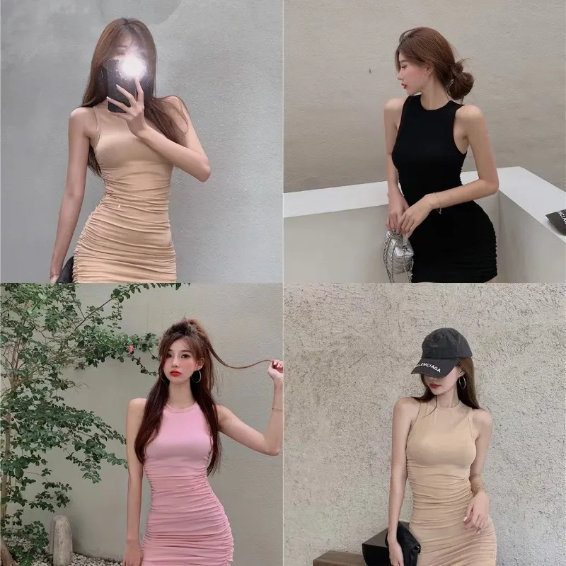 

2024 Summer High Street Spicy Girl Slim Fit Sleeveless Dress Women's Korean Edition Pure Desire Slimming Wrap Hip Dresses