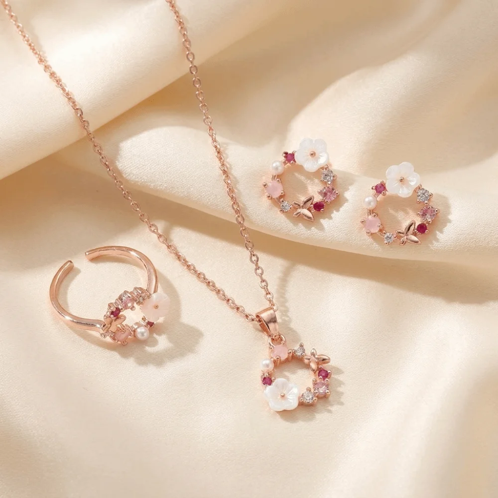 4 Pcs/Set Elegant Rose Gold Jewelry Set Simple Ornate Exquisite Design Zircon Necklace Ring Earrings Set Petal-Inspired Dainty