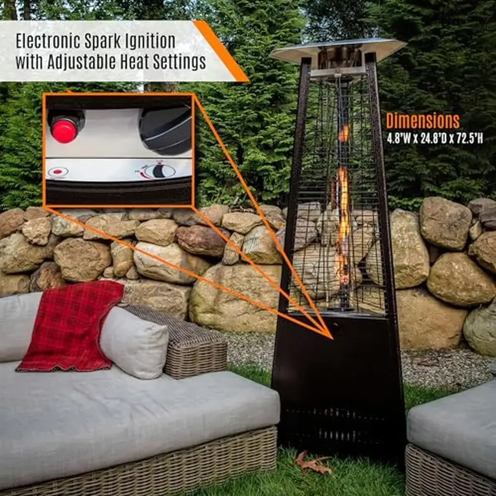 42,000 BTU Inferno Outdoor Propane Patio Heater with Wheels Stainless Steel with Hammered Black Finish Adjustable Flame Pyramid