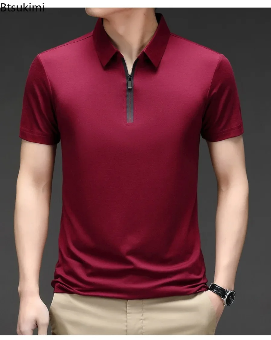 2024 New Arrival Men's Ice Silk Short Sleeve Polo Shirt Summer Cool Loose Casual Tops Men Half Zip Lapel Business Office T-shirt