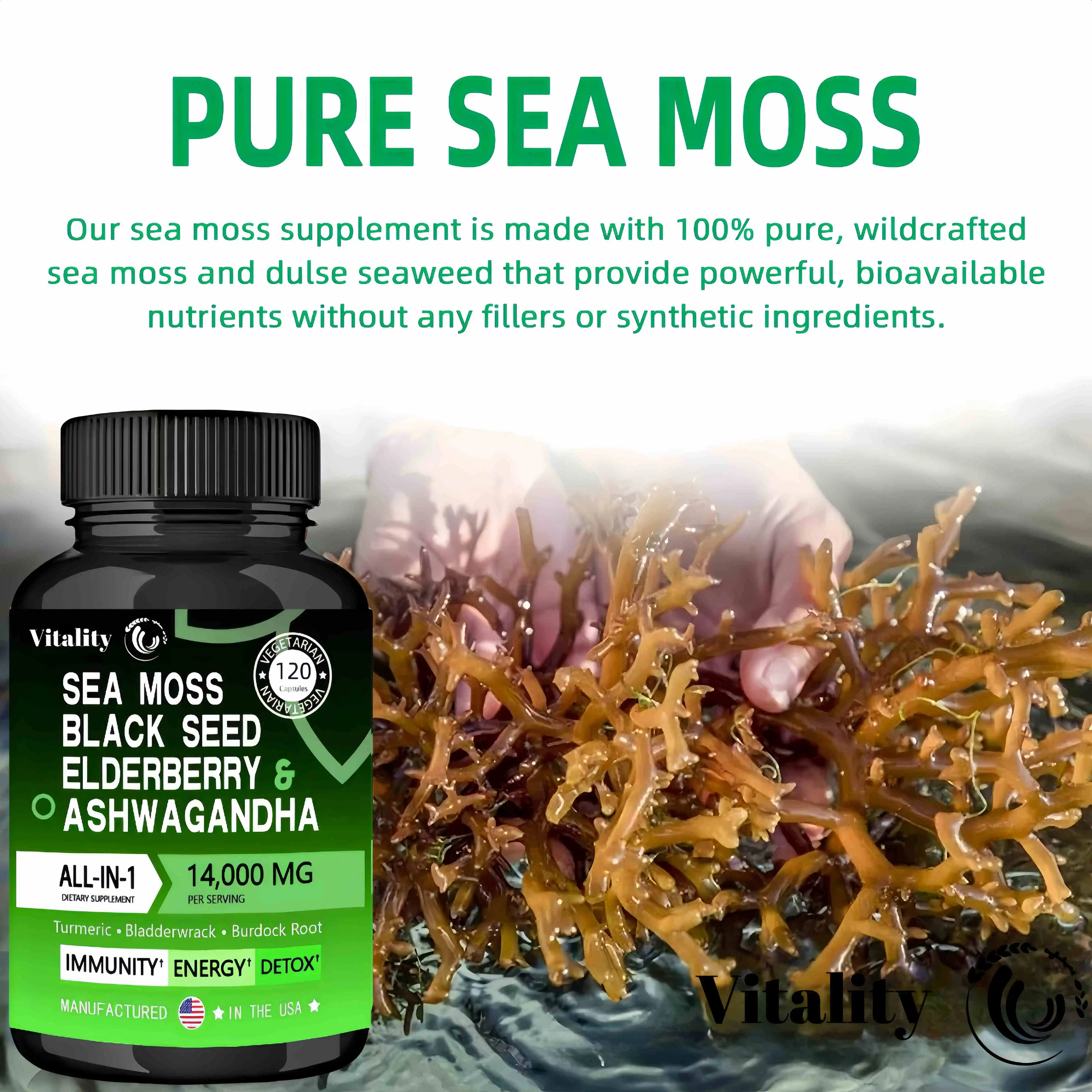 Organic Sea Moss Capsules Supplement Iron, Zinc, Selenium, Calcium Trace Element Supports Thyroid Improve Immunity