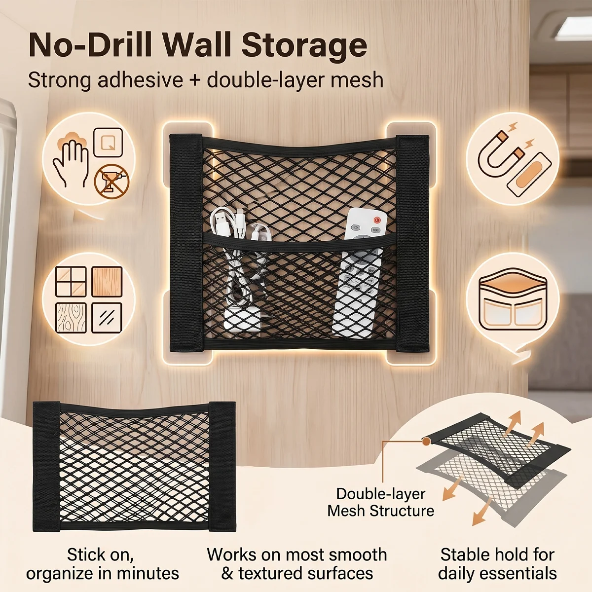 1pc Strong Adhesive Wall-Mounted Mesh Storage Bag | No Drilling Required | Suitable for Cabinet Doors Convenient Installation