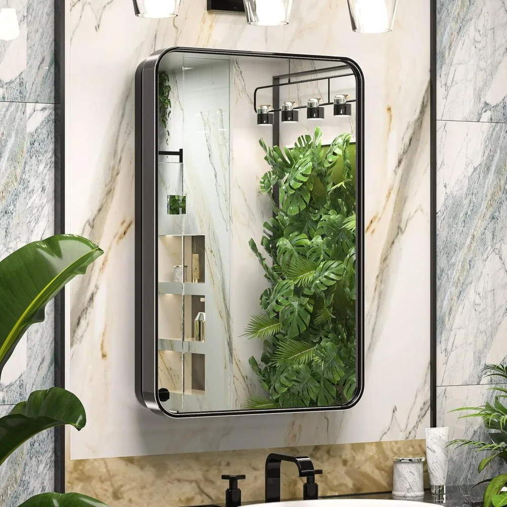 16 x 24 Inch Black Medicine Cabinets for Bathroom with Mirror Stainless Steel Framed Rounded Rectangle Adjustable Shelves