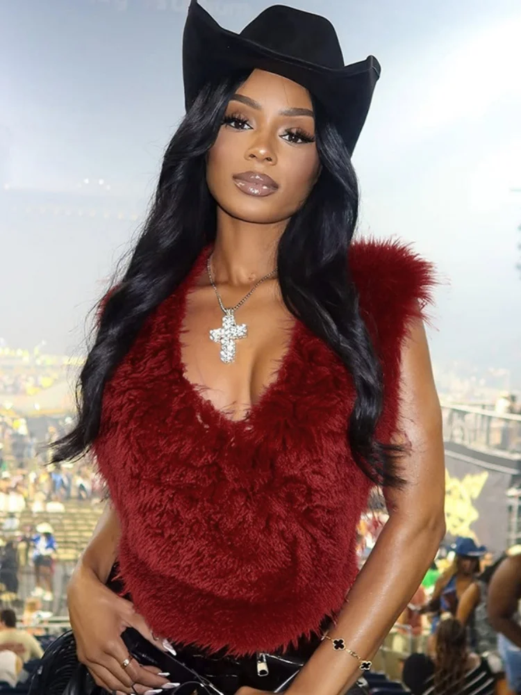 

Топы Sister Star, оптовая продажа, осенне-зимние сексуальные топы для девочек без бретелек с открытой спиной и меховым воротником, топы с лямкой на шее для ночного клуба, дня рождения