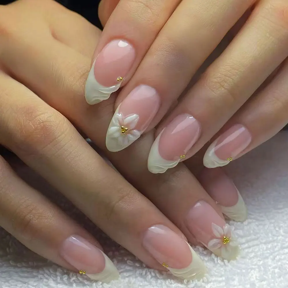 

24pcs Almond 3d gel nails Whale pattern Decorate with Pearl blue French Tip Press On Nails ，Ocean style, summer nails, travel