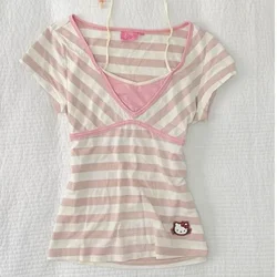 Hello Kitty Striped Short Sleeve Women's Summer Japanese Wide Neck Tie Slim Sweet Cute Girl Tops Cotton Casual T Shirt