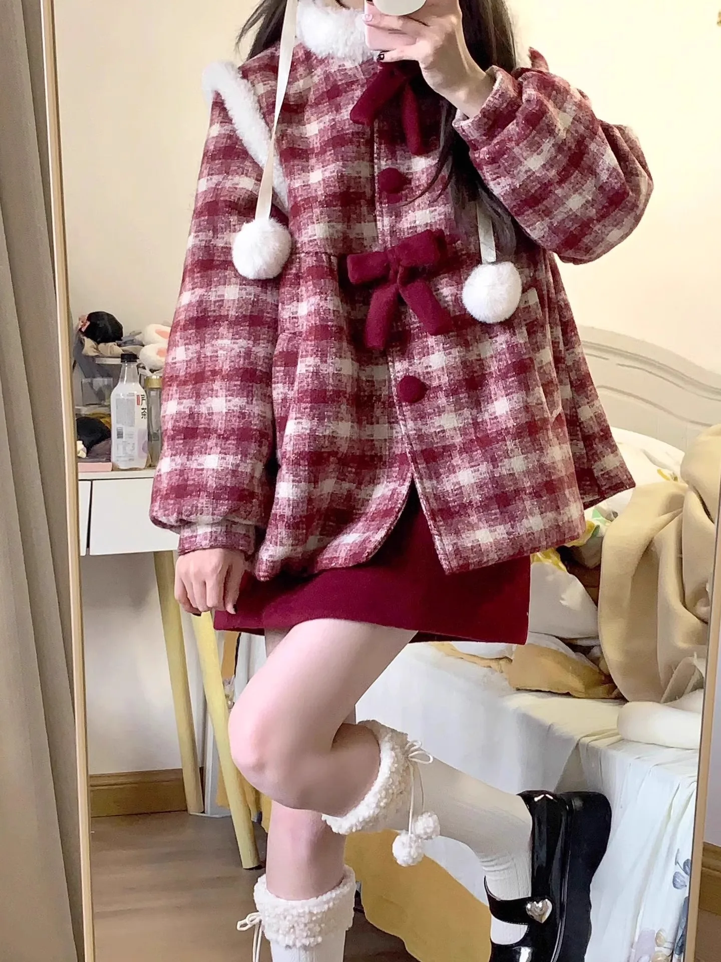 

Ele Winter ort Woolen Coat And Skirt Set Thiened Ladies Faion Outerwear Button Plaid Design Warm Flattering