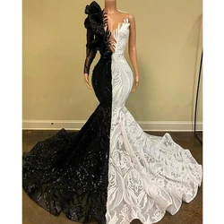 One Shoulder Mermaid Evening Dress For Women Sexy Deep V Neck Black White Contrast Color Lace Shiny Sequined Prom Gown Vestidos