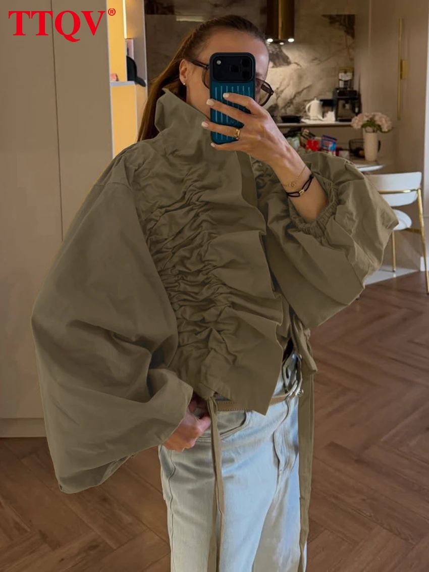 TTQV Fashion Loose Green Cotton Women Blouse Winter Turtleneck Long Sleeve Shirt Elegant Classic Drawstring Top Female Clothing