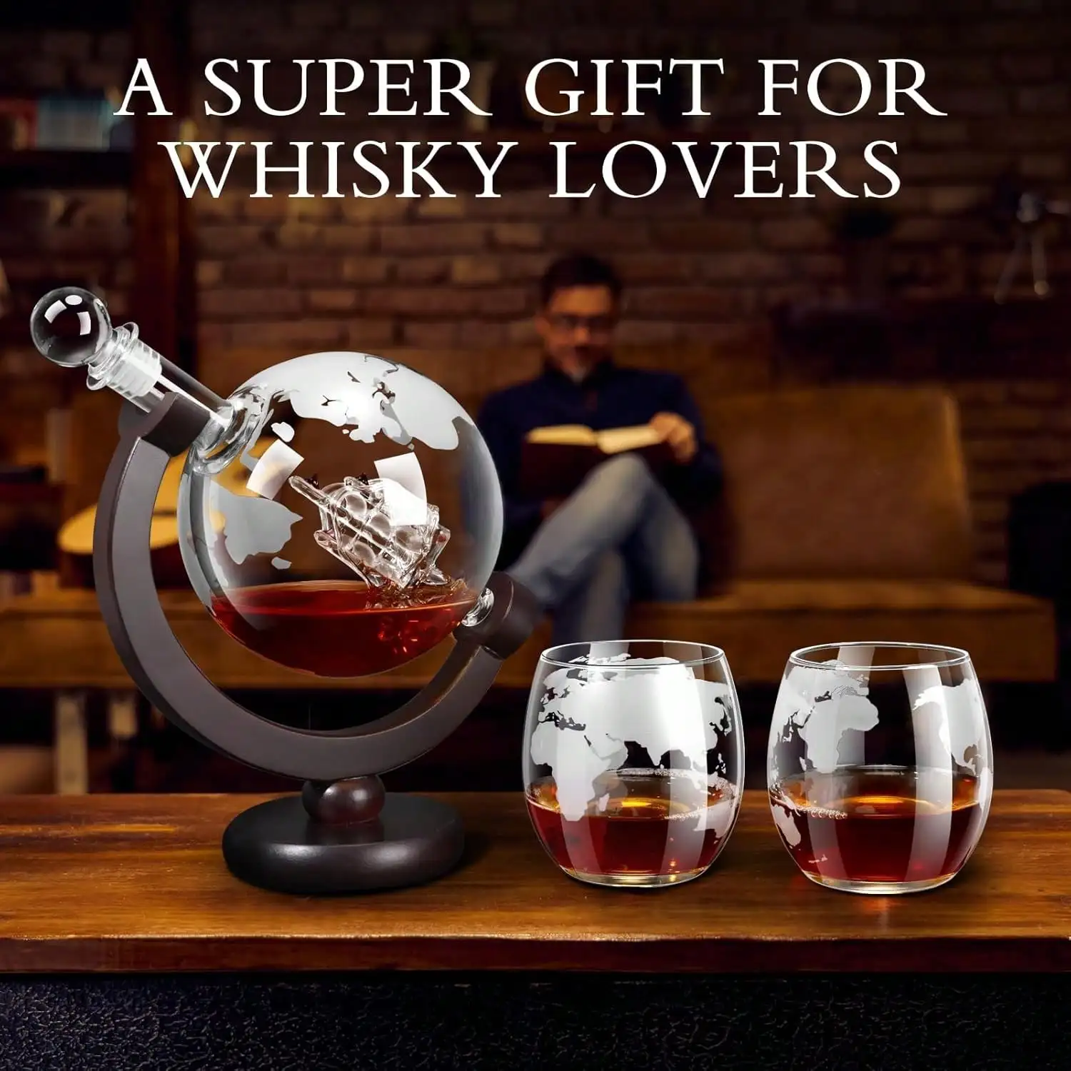 Whiskey Decanter Globe Set for Men, 850ml Liquor Decanter with 2 Etched Globe Whisky Glasses, Decanter Set for Bourbon, Scotch, Vodka & Cocktails