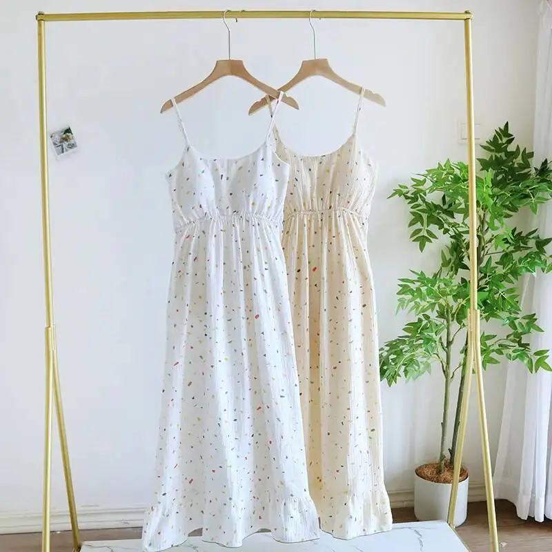 

Длинная стильная ночная рубашка на бретельках с ярким принтом в горошек, хлопковая ночная рубашка на груди, женская летняя тонкая ночная рубашка
