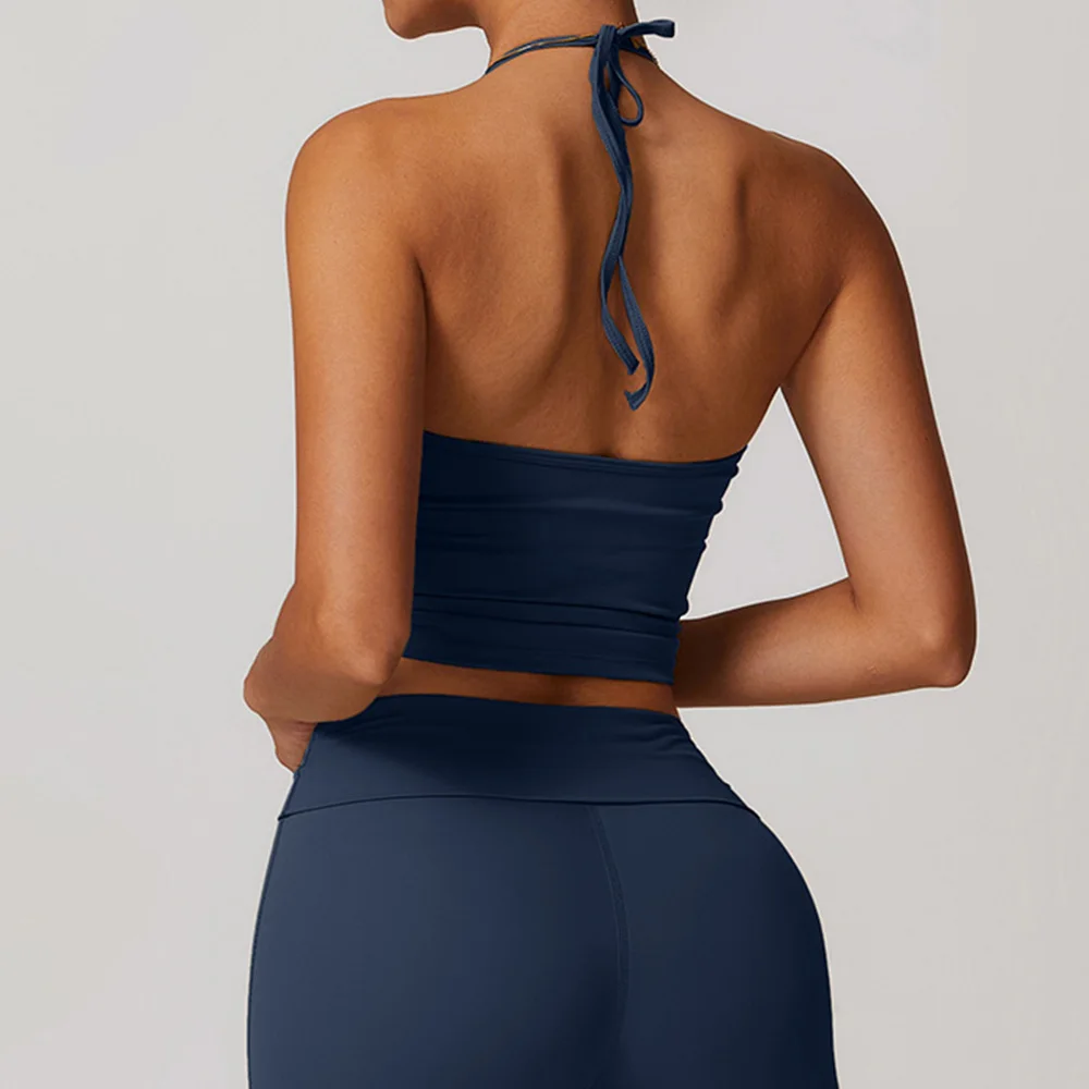 女性用フィットネスヨガブラ、レースバックスポーツブラ、ナイロントップ、セクシーなホルターネック、通気性のある下着、ジム、ランニング用