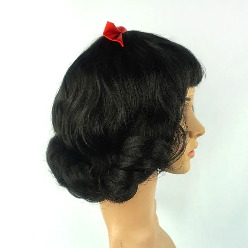 Volwassen Vrouwen Korte Bob Wave Black Cosplay Pruik Met Strik Sneeuwwit Rollenspel Halloween Kostuum Pruik Anime Party Pruik