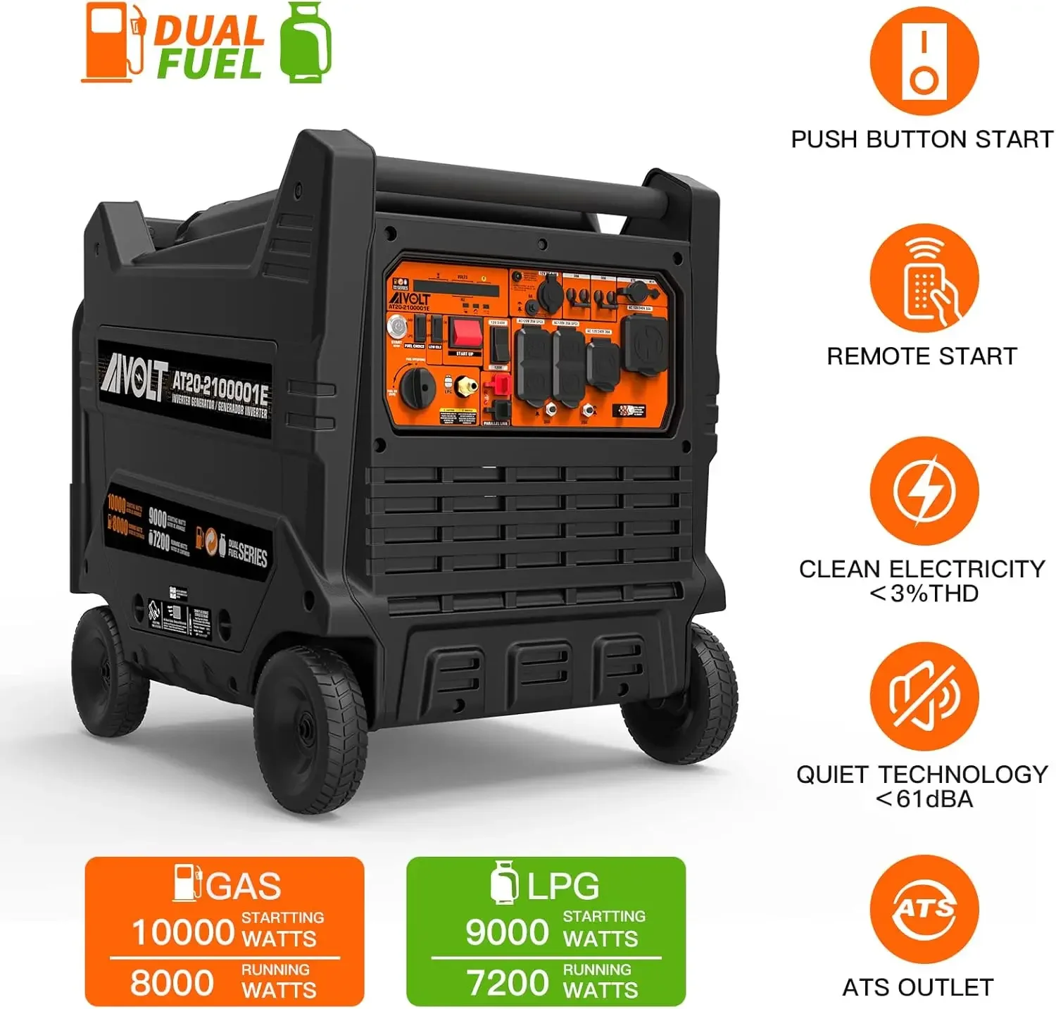 Dual Fuel Portable Inverter Generator 10000 Watts Gas or Propane Powered Home Back Up Electric Start Inverter Generator