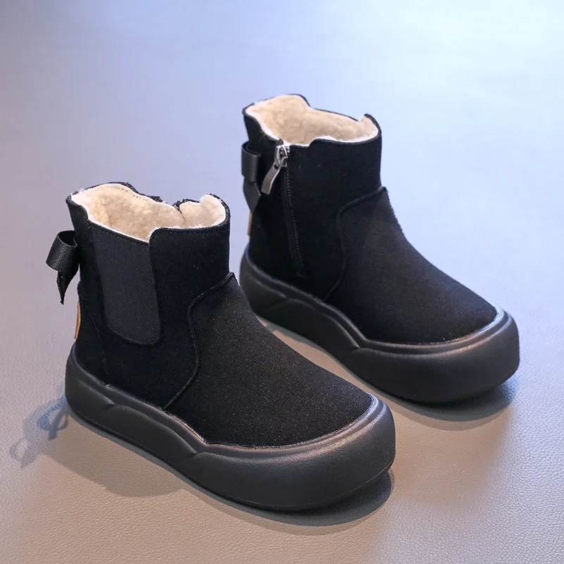 Botines de plataforma para niños, botas de nieve versátiles con lazo para invierno, botas térmicas informales de felpa cálidas para niñas y exteriores con cremallera lateral