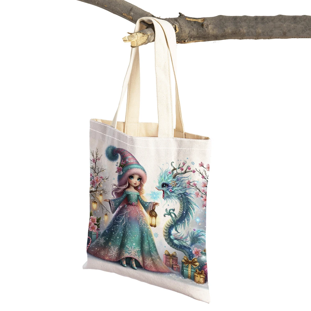 

Casual Cartoon Blue Dragon Witch Girl Shopping Bag Double Print Reusable Lady Tote Shoulder Child Handbag Women Shopper Bags