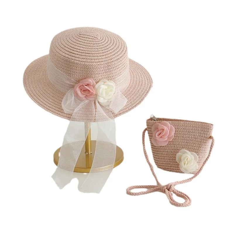 Kids Girls Large Wide Brim Flower Straw Hat And Shoulder Bag Woven Set Sun Protection Beach Hat Summer Floppy Bucket Cap Gorras