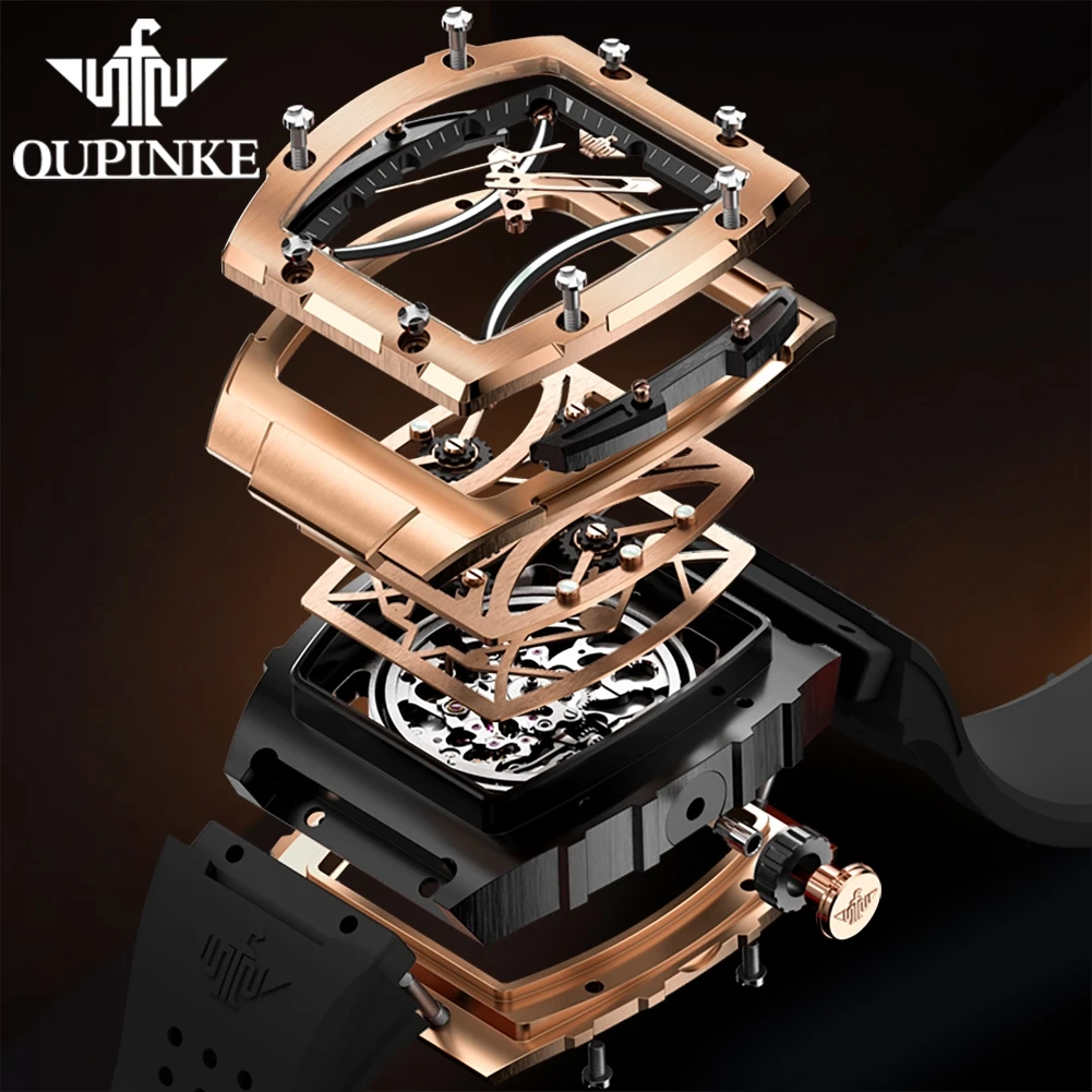 OUPINKE High end Luxury Brand Men\'s Watch Automatic Mechanical Watch Silicone Adhesive Tape Hollow out Tonneau Waterproof