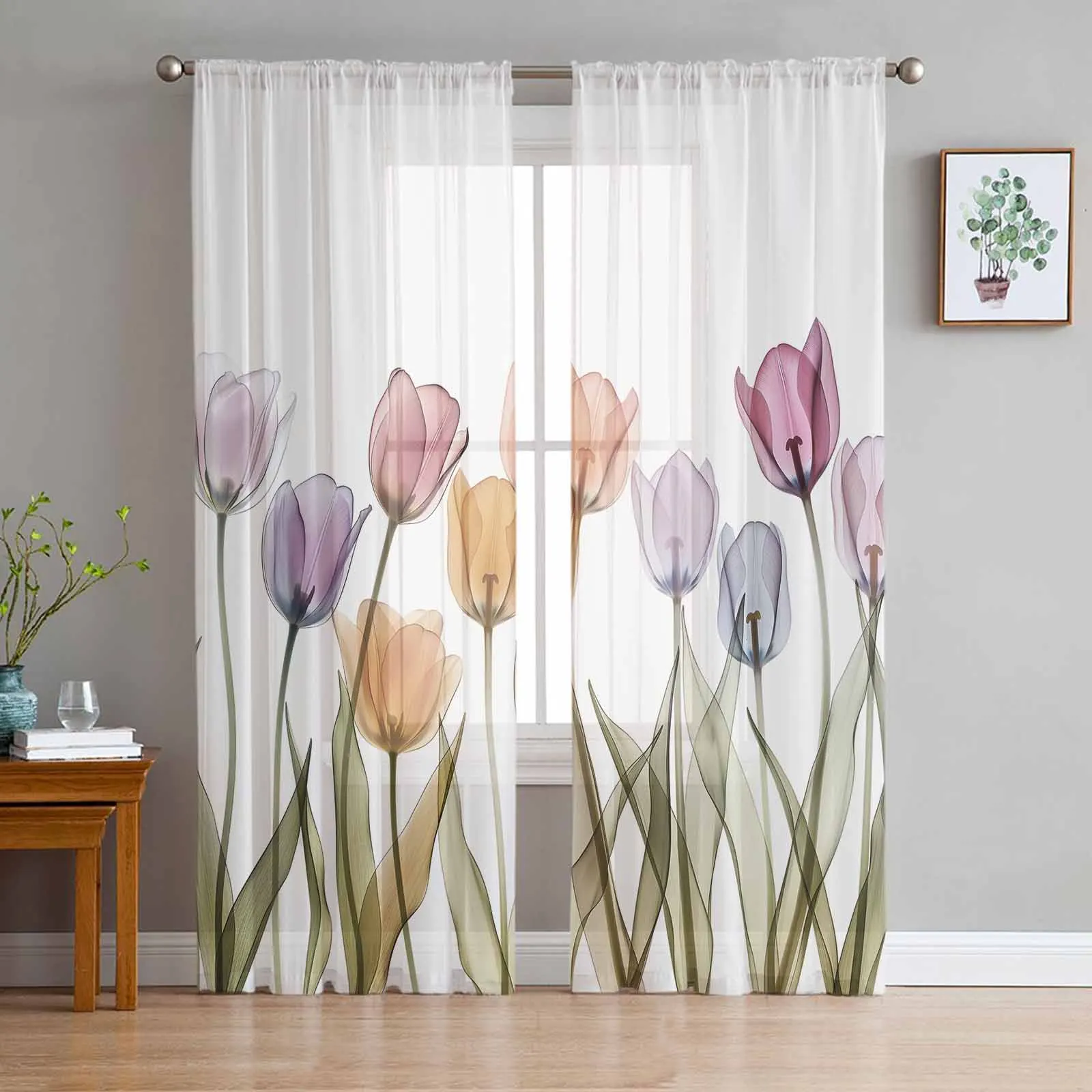 Minimalist Floral Watercolor X-Ray Sheer Curtains for Living Room Bedroom Window Treatment Kitchen Chiffon Curtain