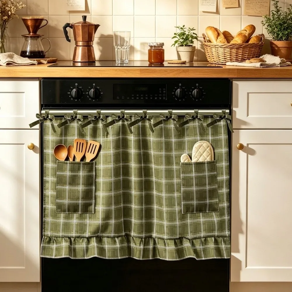 Pastoral Style Oven Skirt Curtain Checkered Decorative Farmhouse Oven Cover Heat Resistant with Ruffle Trim Hidden Curtain