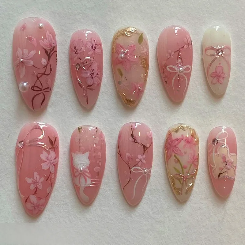 

24Pcs Pink Gradient Almond Fake Nails Press on With Pearl Rhinestone Design False Nails Bow Flower Pattern Full Cover Nails Tips