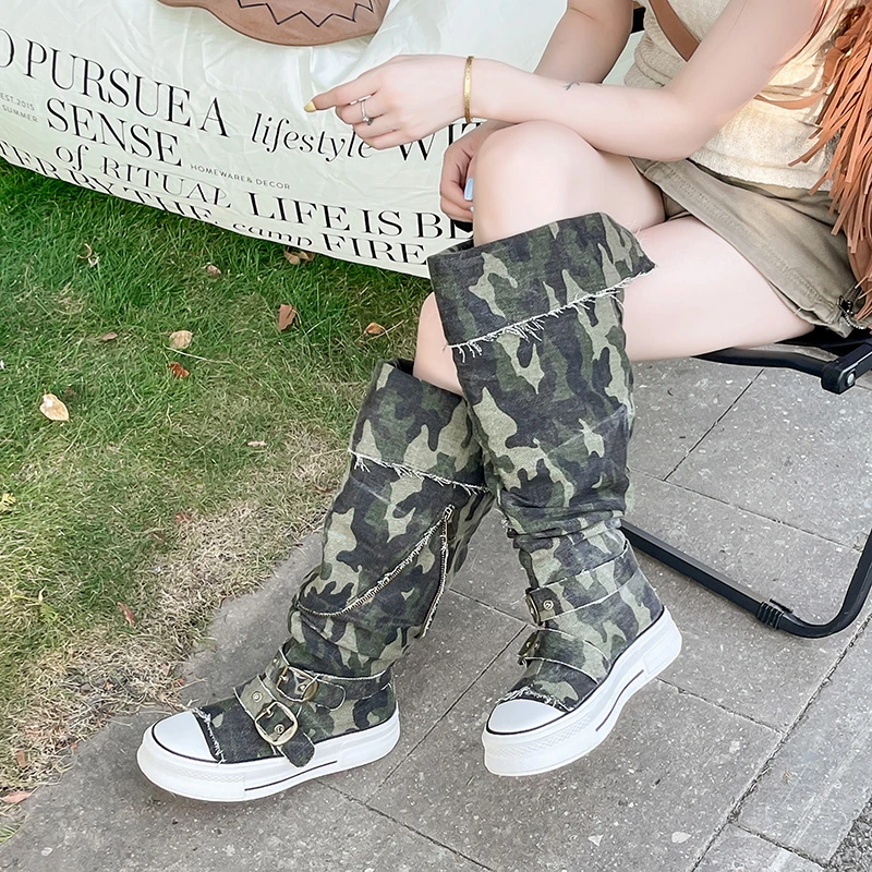 

Women Flats Platform Camouflage Green Western Boots Autumn 2025 New Knee High Canvas Chelsea Shoes Sport Buckle Long Boots Mujer