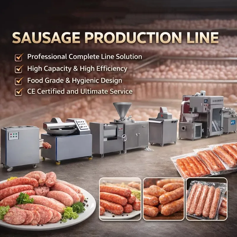 Industrial Chorizo Making Machine Sausage Processing Line Meat Grinder Bowl Cutter Mixer Filler Smoking Oven Packing System