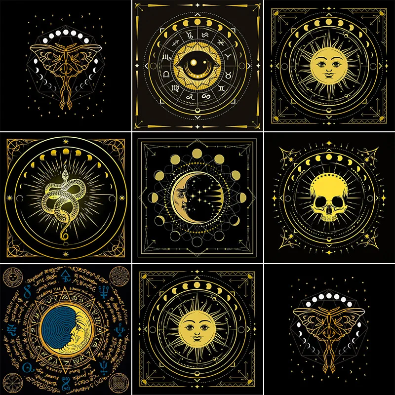 VIKAMA Black Gold Zodiac Wheel Tarot Altar Cloth With Sun Print Astrology Witchcraft Divination Tablecloth Ritual Decor