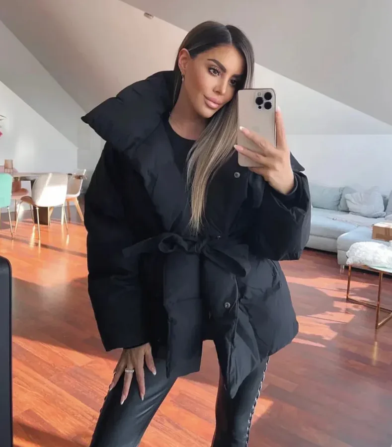 2025 Women's Clothing Parkas Warm-Weather Waist-Defining Long-Sleeve Tie-Waist Loose-Fit Solid-Color Fashionable Cotton Coat