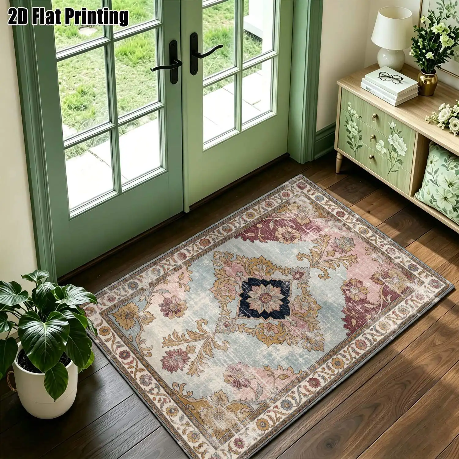 1Pc 2D Printed Retro Multicolored Floral Carpet: European/Bohemian Style, Home Decor, Multiple Sizes, Machine Washable, Multi-Scene Use