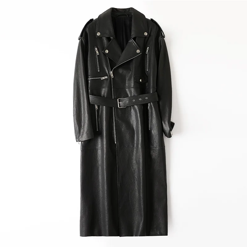 100% Genuine Leather Trench Coat for Women 2025 New Long Zipper Lace-up Belt Female Sheepskin Motorcycle Style Trench Outwear