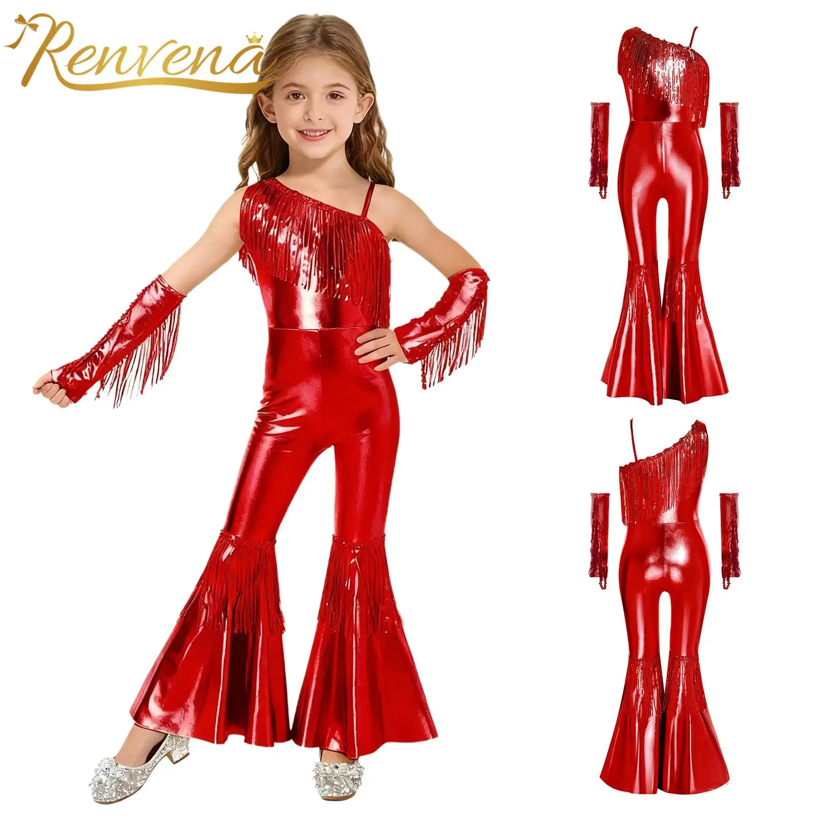 Childs Girls Street Jazz Dance Costume 60s 70s Disco Tassels Outfit Fashion Streetwear Sequins Jumpsuit Performance Dancewear