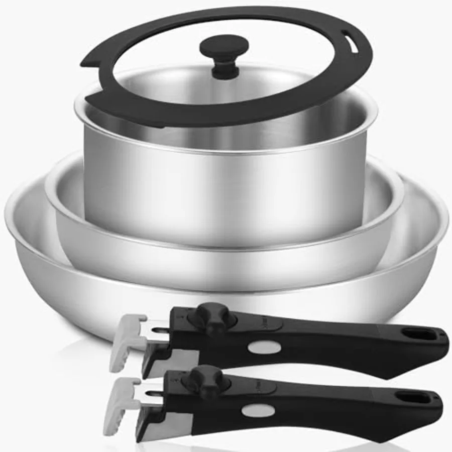 

Tri-Ply Stainless Steel Cookware Set with Detachable Handle for Induction Cooking Removable Handle Pots and Pans Set Includes 6