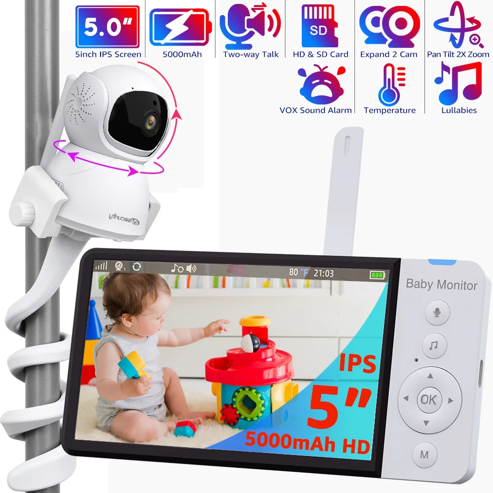 5 Inch HD Baby Monitor with Camera Pan-Tilt-Zoom 5000mAh Long Life Battery IPS Screen PTZ Babyphone Babysitter Camera Holder