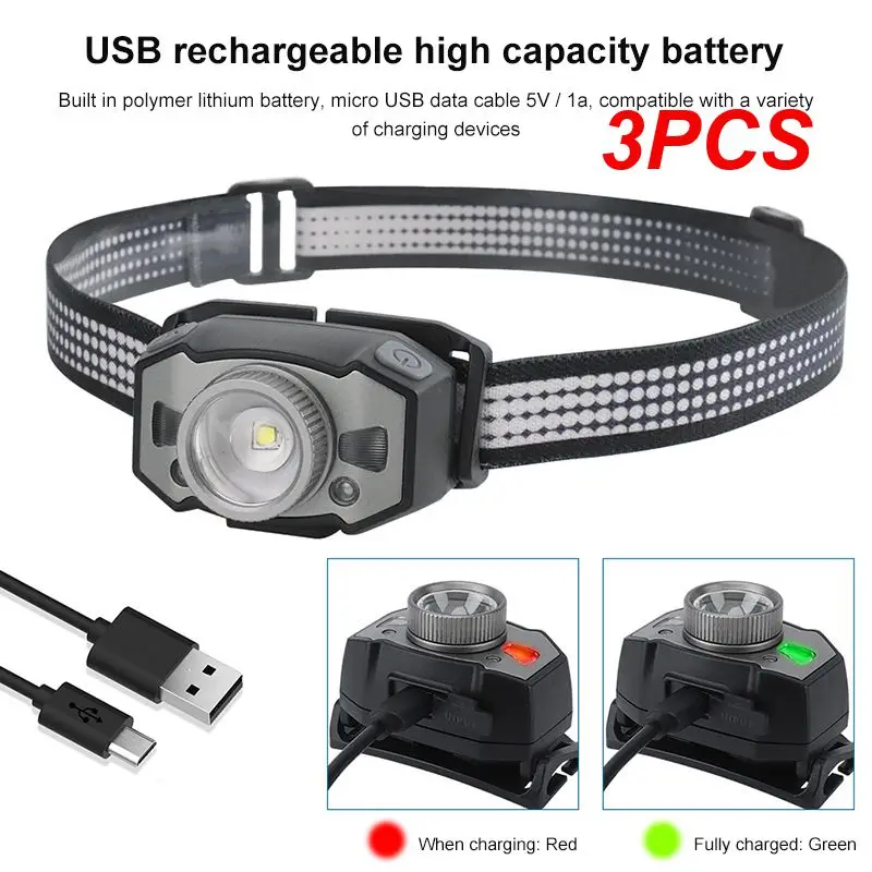 3PCS Zoom Sensor Headlamp Car Inspect Led Headlights Flashlight USB Rechargeable For Running Fishing Work Head- Dual Switch Mode