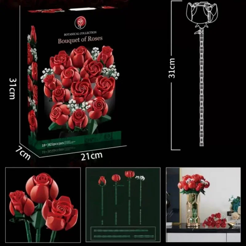 Compatible with Lego Bouquet Building Blocks New Assembled Ornaments Preserved Fresh Flower Valentine's Day Toys  Roses10328 image 4