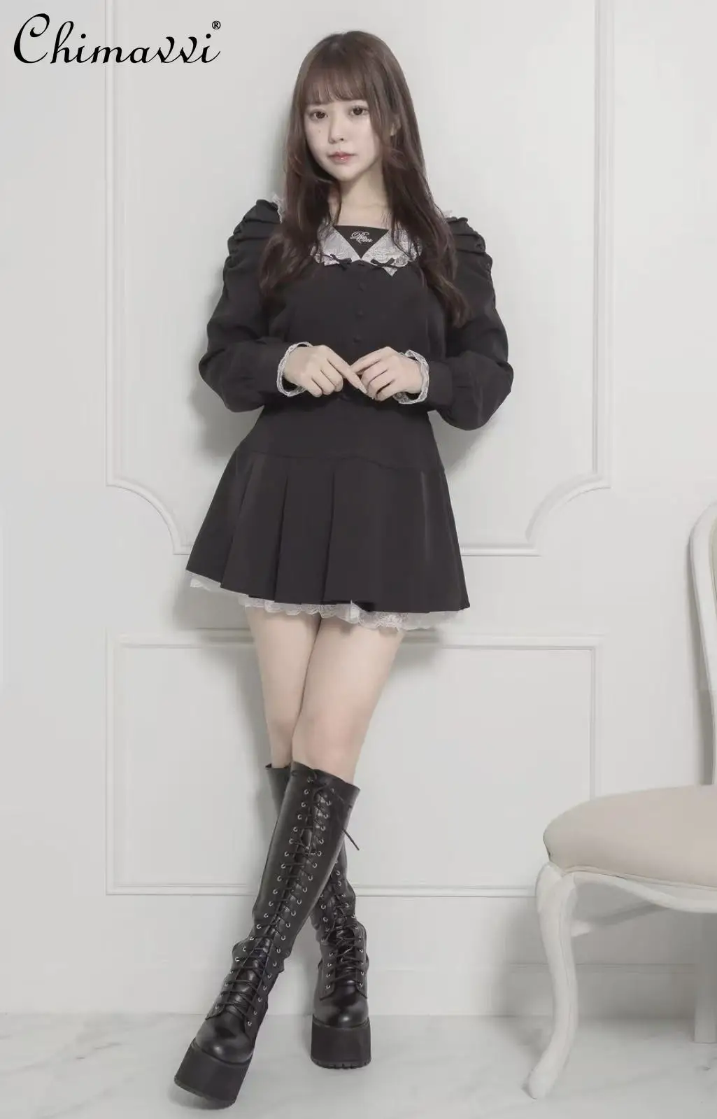 Japanese Sweet Lace Doll Collar Flower Bud Sleeve Long Sleeve Top Belt Pleated Skirt Set 2025 Autumn Cute Girl Two-Piece Set