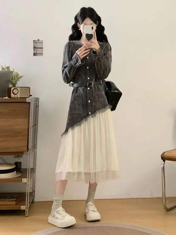 

Женское длинное платье больших размеров с эффектом двухслойности, имитация двух частей, весенний сезон, А-силуэт, асимметричный подол