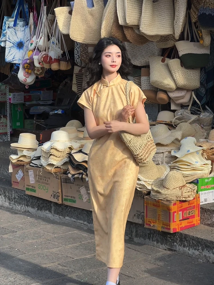 

Yellow Traditional Chinese Full Slit Bridesmaid Dr Ele Long Qipao ort Sve Low Slit Breathable Summer Ch...