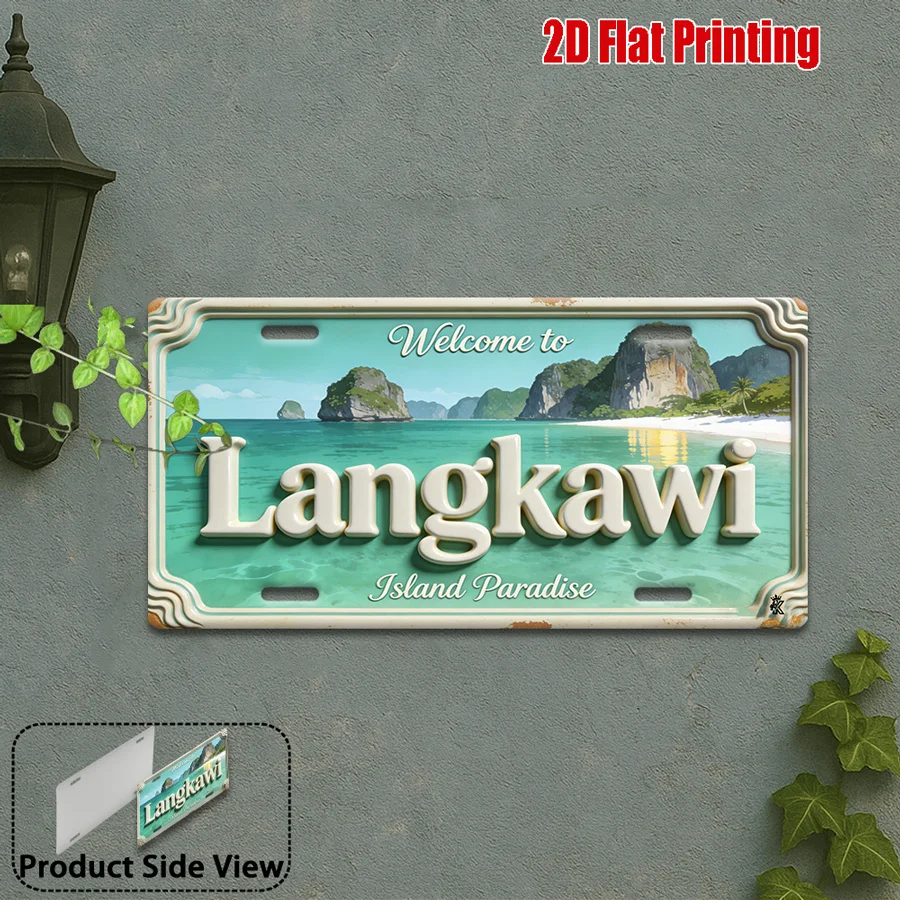 Panneau en métal aluminium HD, bienvenue sur l'île de Langkawi, décoration murale style plaque d'immatriculation vintage, rétro tropical plage mer