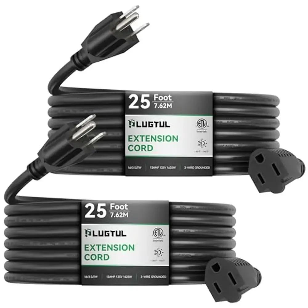 Outdoor Extension Cord 25FT 16/3 Heavy Duty Waterproof Black 125V 13A 1625W SJTW ETL Listed 2 Pack Repackable with Hook-and-Loop