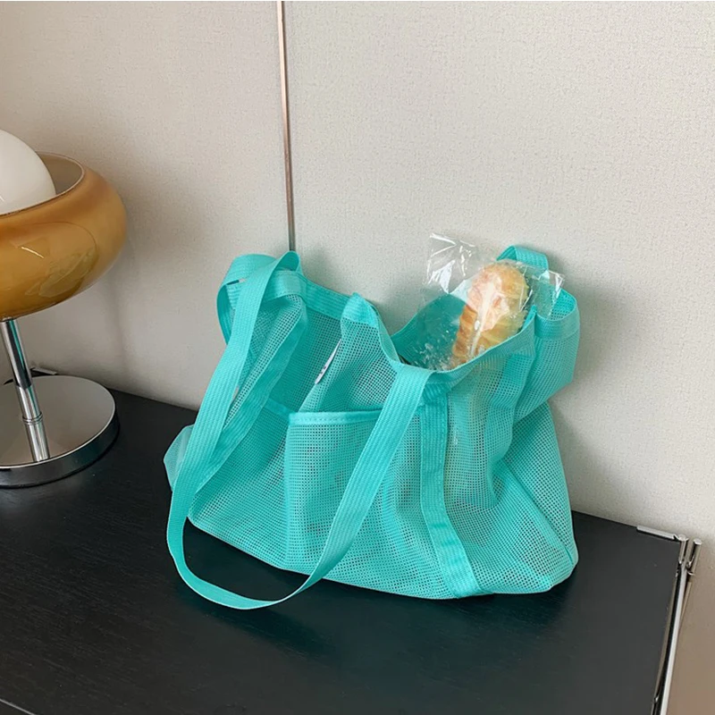 New Transparent Mesh Shopping Bag Simple Large-Capacity Beach Handbag Shoulder Tote Bag Wash Fitness Swimming Bag