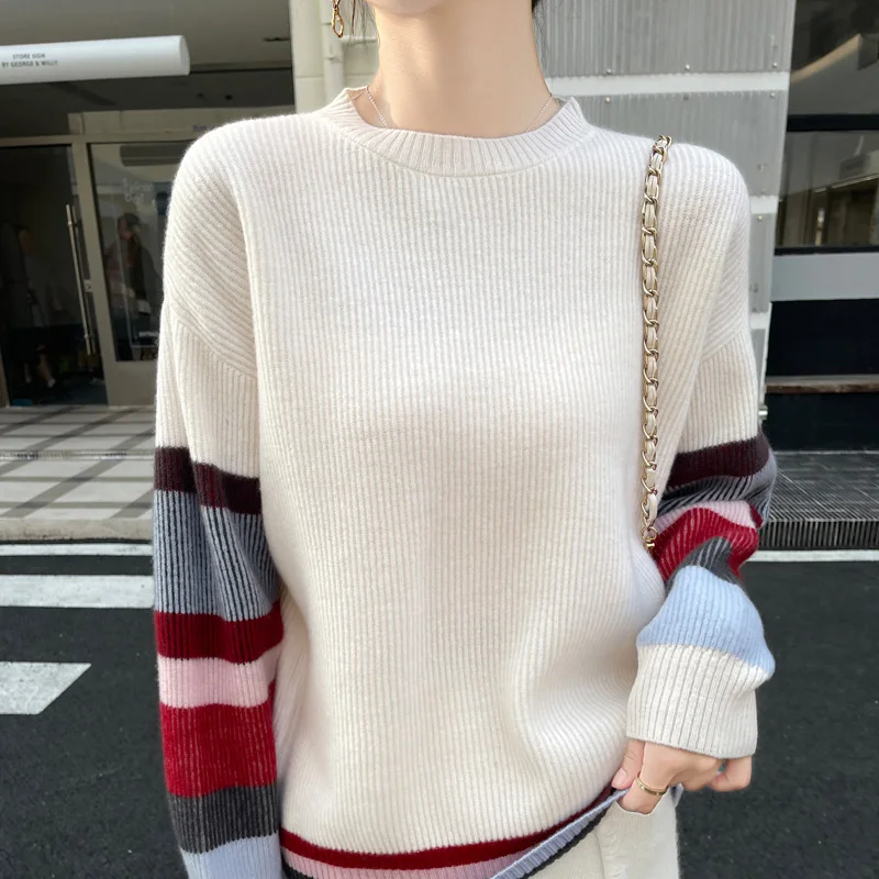 100% laine mérinos nouveau col rond tricoté pull pull cachemire manches longues minceur couleur-blocage doux vêtements de sport haut