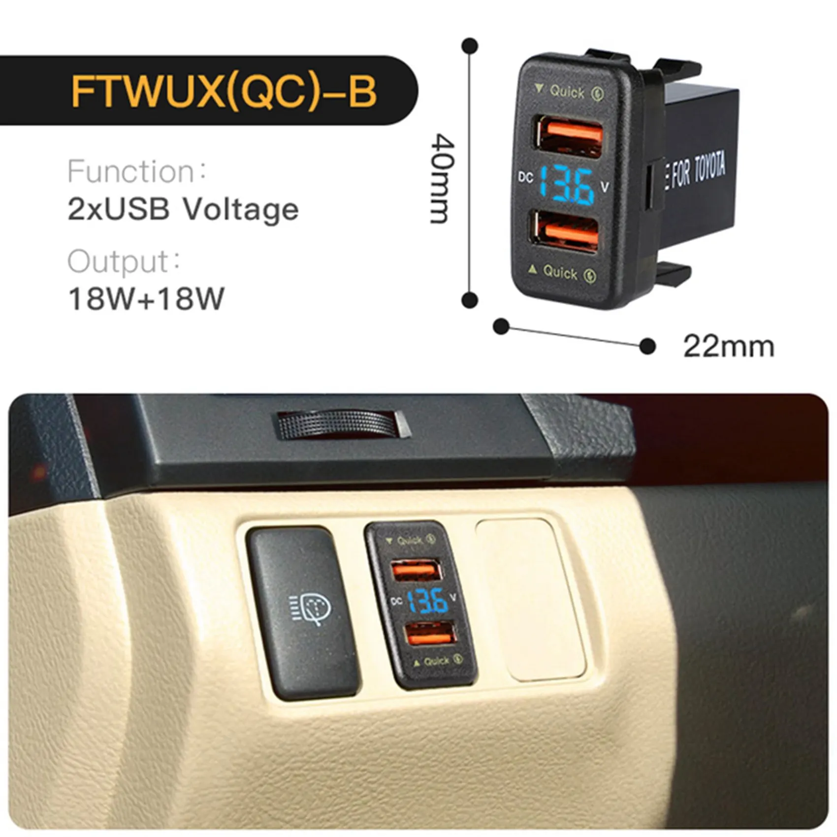 2X 36W Fast Car QC3.0 Dual USB Fast With Blue Voltage Waterproof Mobile Phone For Toyota view 2